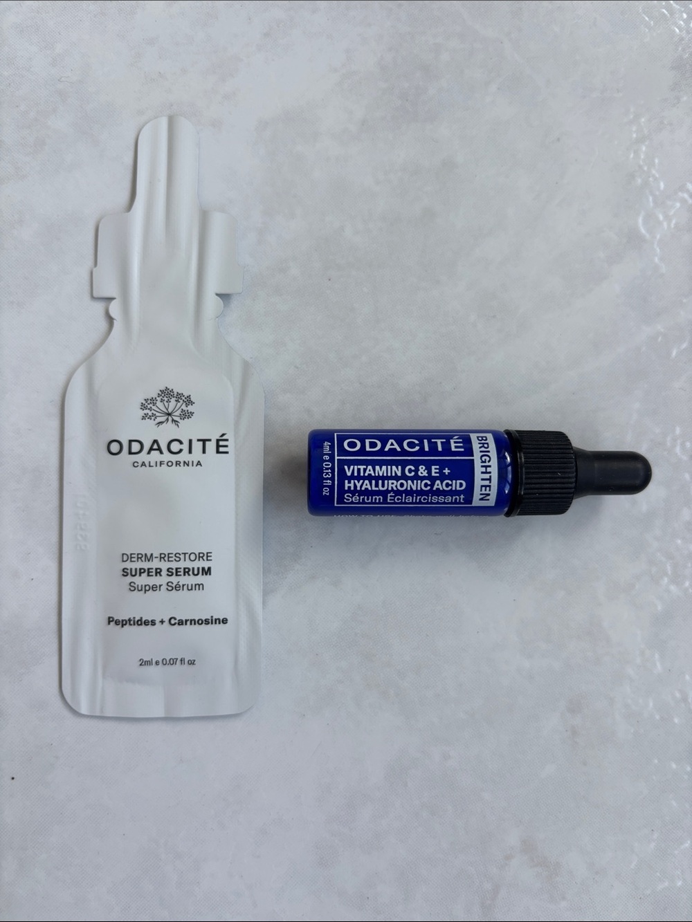 New Odacite Derm-Restore Super and Brightening Serum travel samples